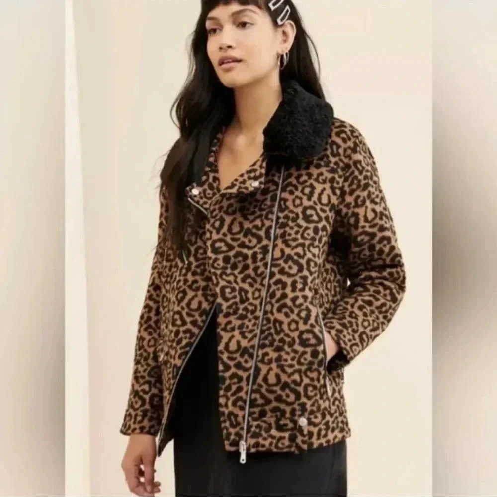 Avec Les Filles Leopard Print Full Zip Moto Biker Jacket Size‎ Small
